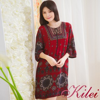 【Kilei】女裝 異國風洋裝 連身裙 波西米亞 民族感圖騰印花短版流蘇綁結洋裝XA3734-02(氣質暗紅色)全尺碼