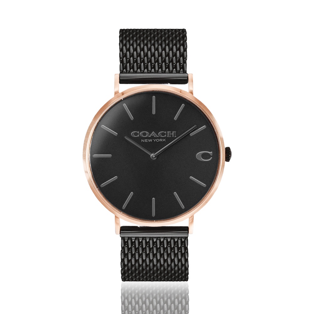 COACH | 經典大錶面C字LOGO米蘭帶手錶/男錶 - 黑鋼玫瑰金 14602470