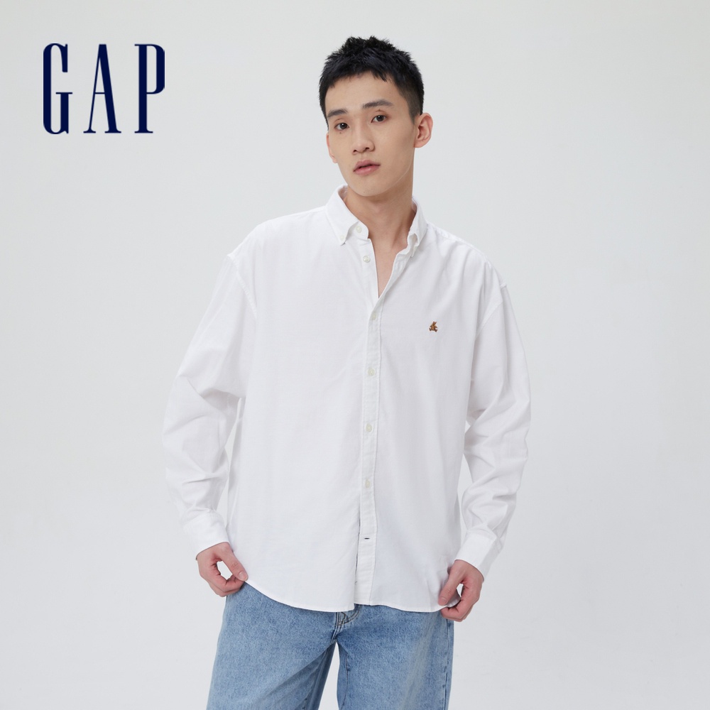 Gap 男女同款 清爽小熊刺繡寬鬆長袖襯衫-白色(820158)