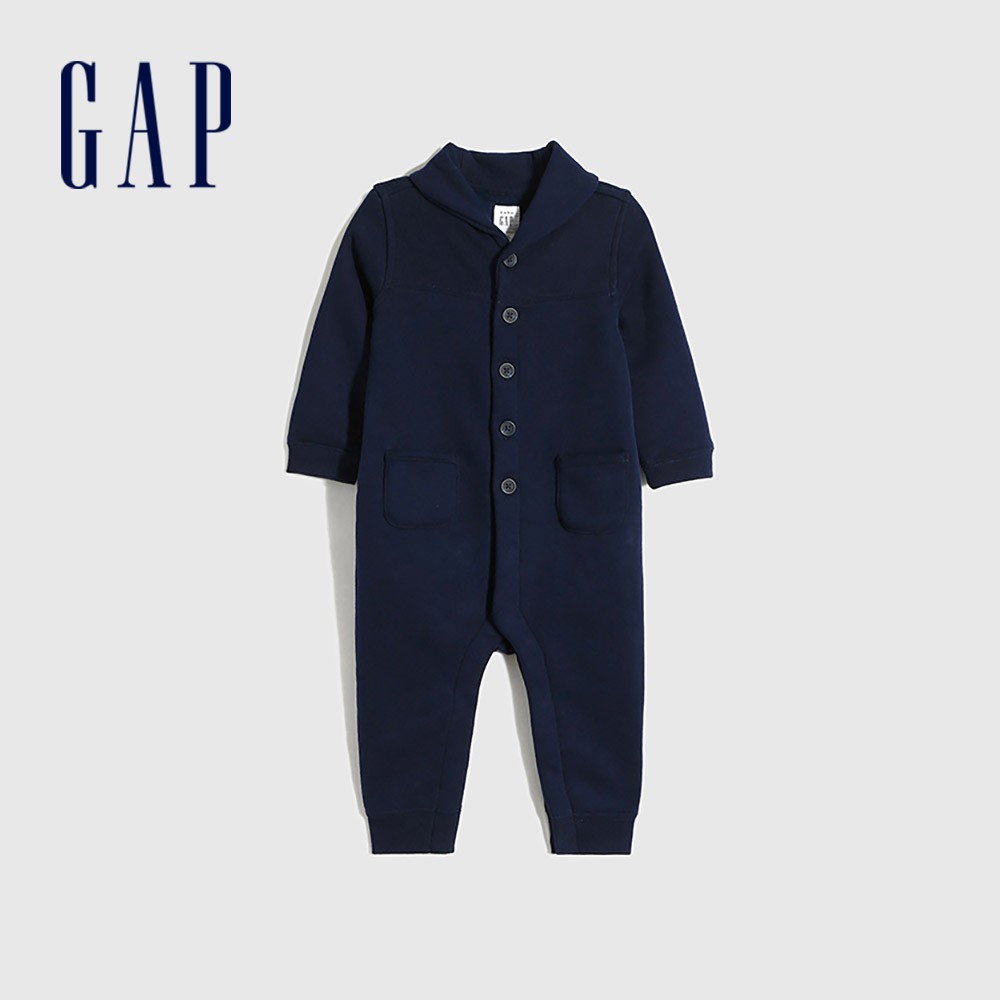 Gap 嬰兒裝 舒適刷毛長袖包屁衣 碳素軟磨系列-海軍藍(656188)