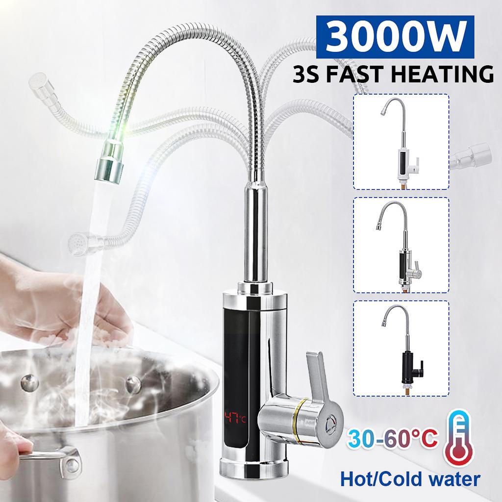 3000w 220V 電動廚房流量熱水器水龍頭即熱式熱水水龍頭加熱器冷加熱無水箱熱水器帶 LED