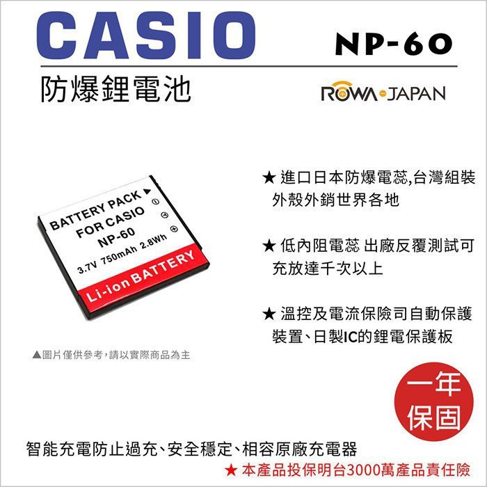 批發王@樂華 FOR Casio NP-60 相機電池 鋰電池 防爆 原廠充電器可充 保固一年
