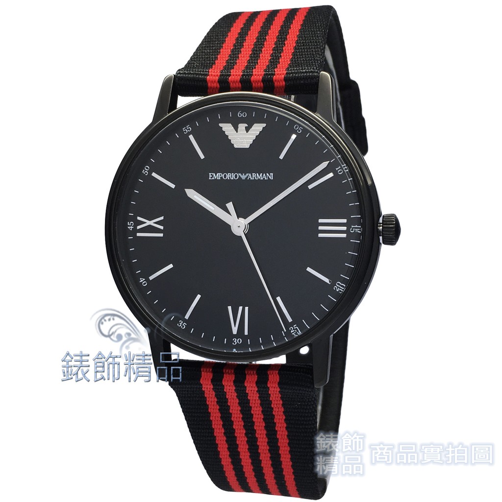 EMPORIO ARMANI 亞曼尼AR11015手錶 運動款 黑紅帆布皮革錶帶 男錶【錶飾精品】