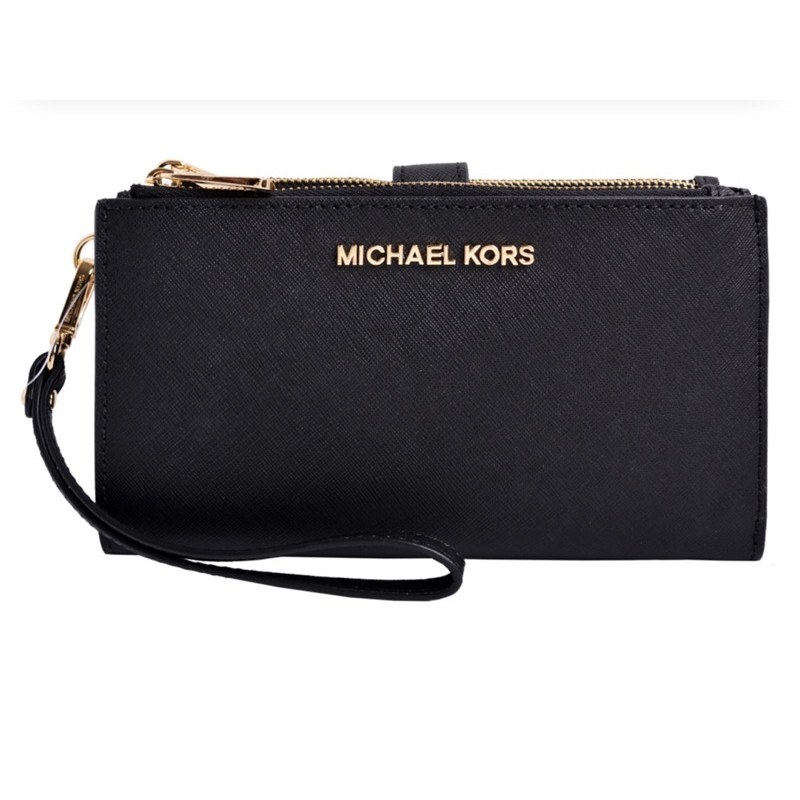 MICHAEL KORS JET SET TRAVEL金字LOGO防刮皮革雙層手拿長夾-黑