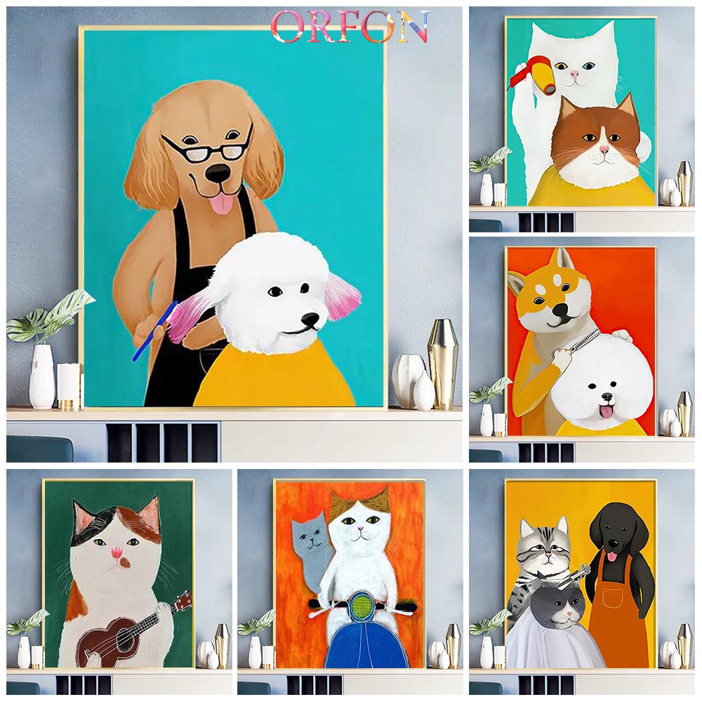 【ORFON】貓和狗 貓咪 狗狗 擬人動漫風格 40*50CM 數字油畫 裝飾畫 搞怪油畫 DIY 裝飾畫 惡搞禮物