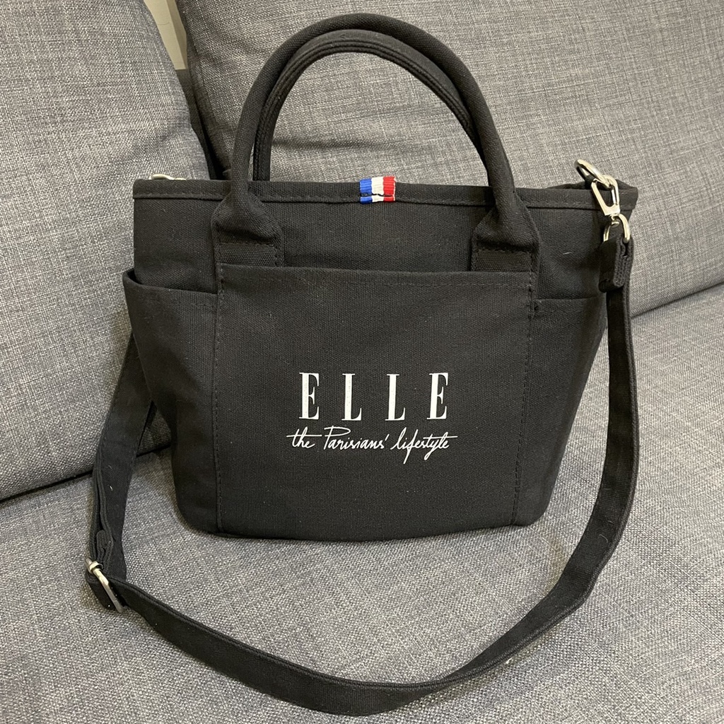 二手 ELLE 極簡風 帆布包 斜背 托特包 EL52372 周年限定版 黑色