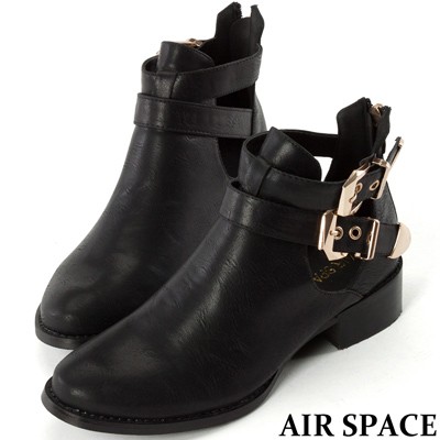 AIR SPACE 光澤感皮帶雙釦環鏤空拉鍊短靴-黑色36號