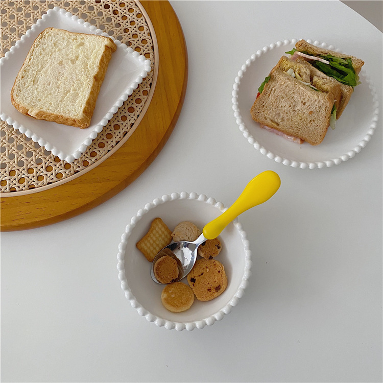 ins復古珍珠盤早餐盤 簡約擺盤餐盤 白色珠點燕麥盤 下午茶蛋糕陶瓷碗甜品盤 早餐甜品小盤子