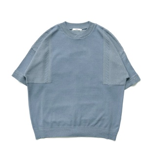 日本YASHIKI針織電鍍大海箭羽交叉領落肩優雅寬鬆長袖織T-Shirt復古藍