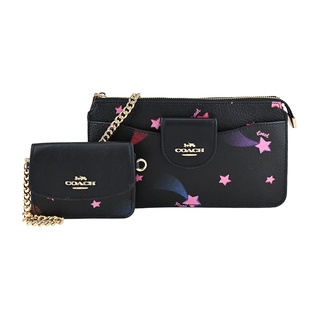 COACH 立體馬車LOGO星星印花拼接皮革2合1金屬鍊帶斜揹包(黑)｜JS Maxx官方旗艦館