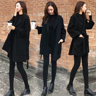 秋冬新款韓版薄款毛呢外套女黑色寬鬆中長款風衣大衣女
