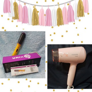 韓國UNIX迷你捲髮梳 捲髮器 直髮器(二手9.9成新)/PHILIPS 櫻花粉時尚折疊吹風機 恆溫快乾(二手9成新)