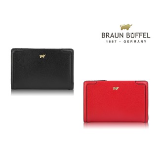 【寧寧精品】台中30年皮件店 BRAUN BUFFEL 小金牛 黑/紅 附拉鍊中夾 BF674-502-1 女中夾區