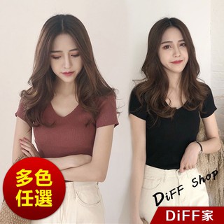 【DIFF】韓版復古色系V領針織短袖上衣 短袖t恤 女裝 顯瘦上衣 衣服 寬鬆上衣 短袖T恤 素T【T200】