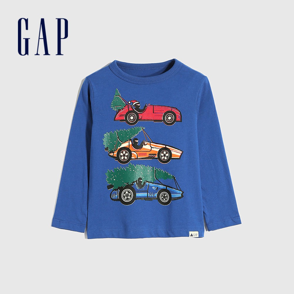 Gap 男幼童裝 創意印花圓領長袖T恤-藍色(649623)