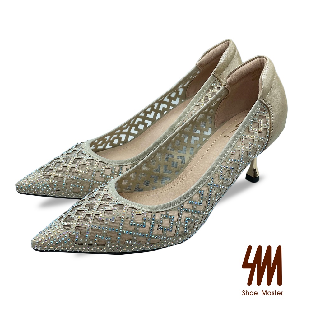 SM專櫃女鞋 尖頭透視水鑽性感金屬跟高跟鞋(金色)