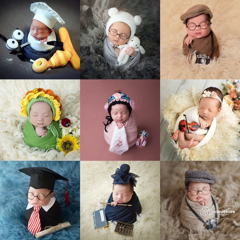 嬰兒攝影套裝 嬰兒造型服 藝術照道具新生兒攝影道具裹布毛線帽影樓新生兒滿月嬰兒拍照手工花旦帽道具