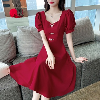 愛依依 洋裝 禮服 伴娘裙S-XL新款訂婚禮服回門連身裙結婚女小個子法式短袖裙子T647-6163.
