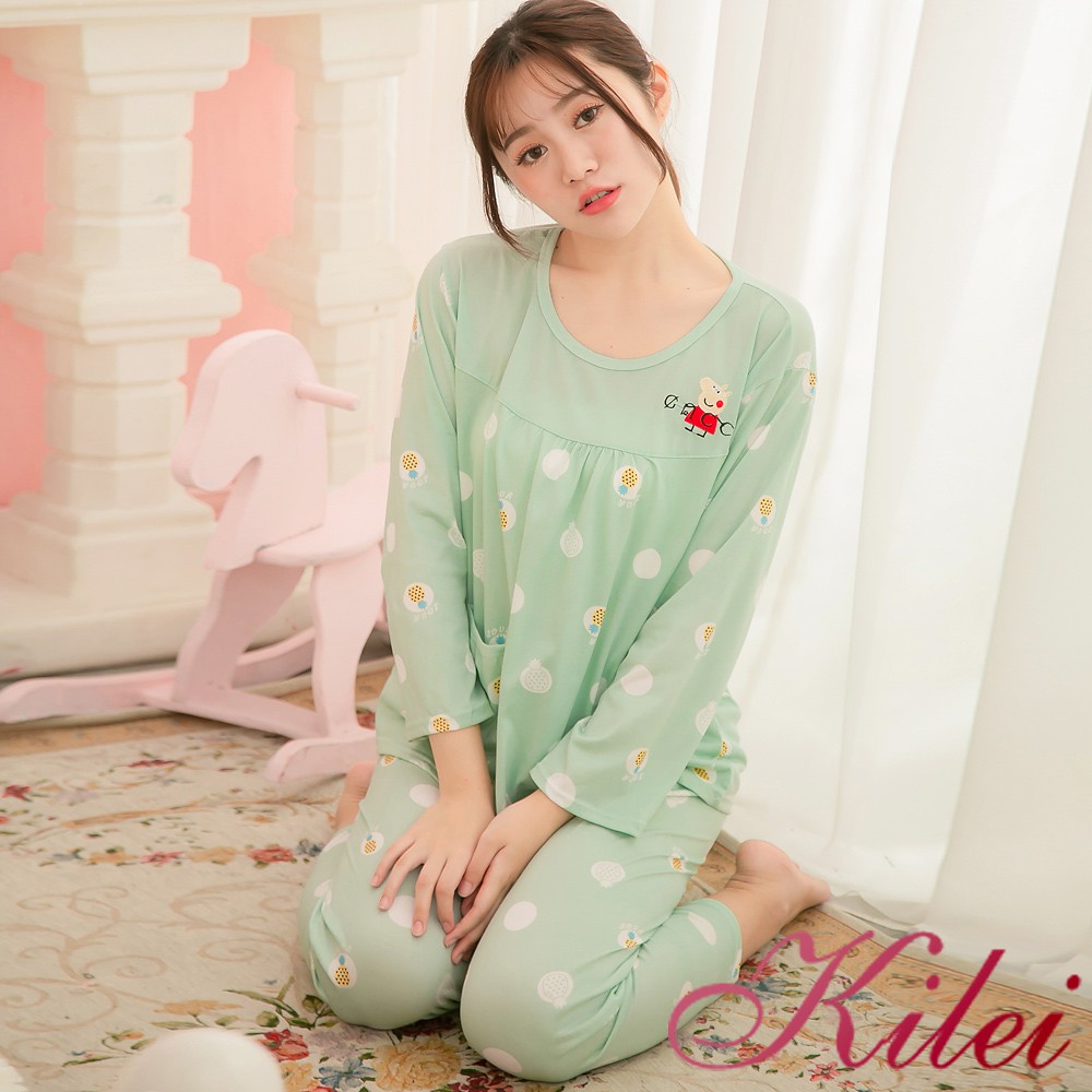 【Kilei】鳳梨圓圈長袖二件式牛奶絲睡衣組XA3876-01(甜心豆綠)全尺碼