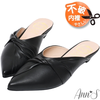 Ann’S典雅氣質-蝴蝶結小羊皮低跟尖頭穆勒鞋-黑(版型偏小)