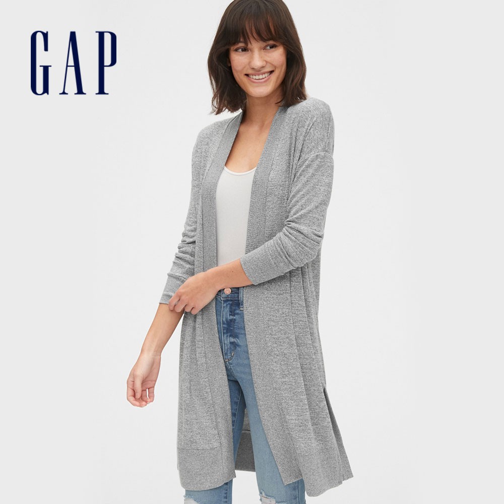 Gap 女裝 舒適彈力無釦長版針織外套-淺麻灰色(544865)
