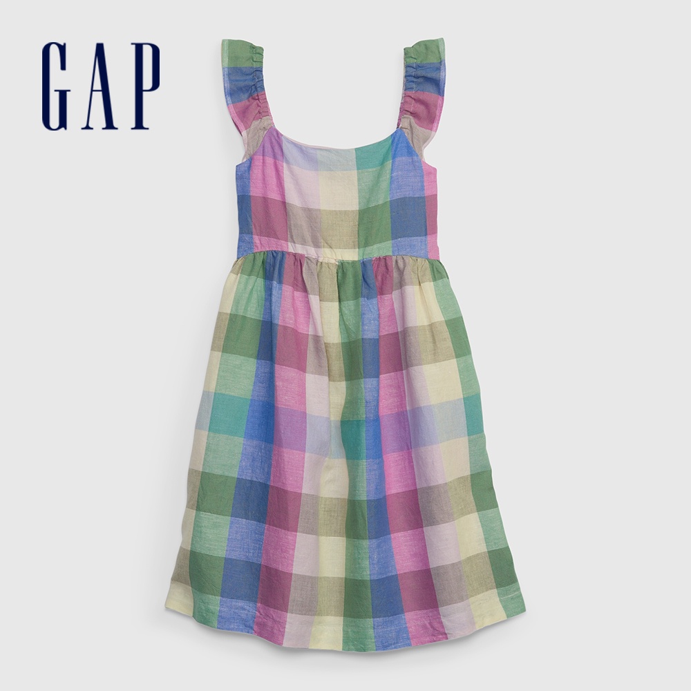Gap 女童裝 荷葉邊格紋編織無袖洋裝-彩色格紋(801379)