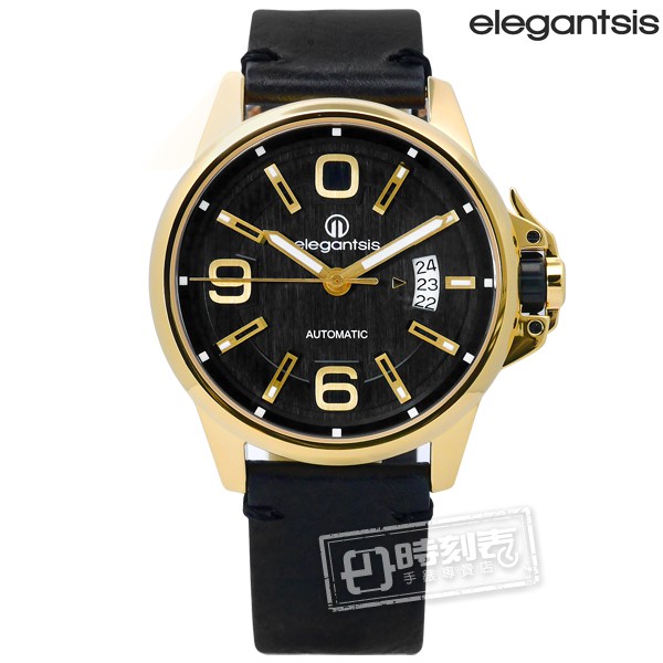 elegantsis / ELJT55A-NB03LC / 品味強勢回歸機械真皮手錶 黑x金框 44mm
