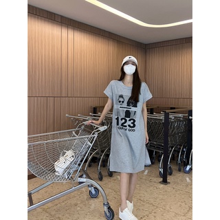 港味人像印花連衣裙 夏季韓版寬鬆休閒T恤裙 ins複古裙子 長版T恤 長版上衣 懶人裙 大碼直筒過膝連衣裙