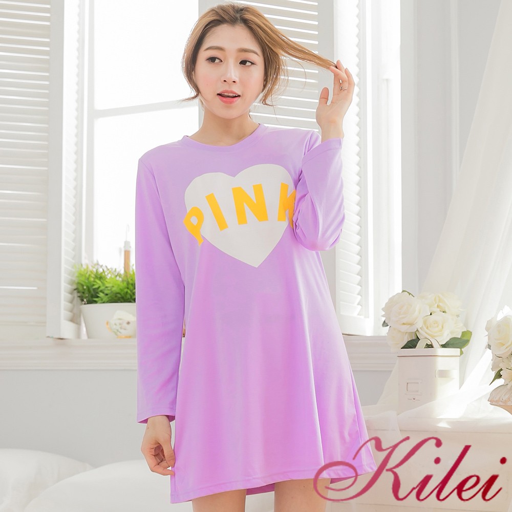 【Kilei】女生睡衣 連身睡衣睡裙 居家服 棉質PINK愛心英字長袖洋裝連身裙睡衣XA3063-01(甜蜜紫)全尺碼
