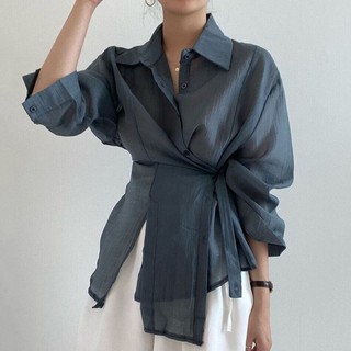 韓國chic簡約氣質翻領單排扣不規則系帶收腰薄款長袖防嗮襯衫上衣