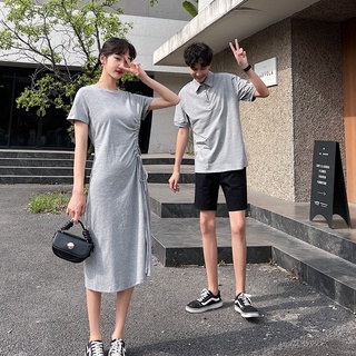 【COUPLE】不一樣的法式情侶裝😘😘夏季純色男你衣我裙浪漫收腰短袖中長款連衣裙