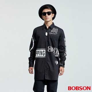 BOBSON 男款長型寬版印圖黑色襯衫 35048-88