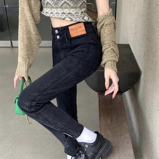 SLEEP-高腰開叉牛仔褲女秋季新款炸街黑色chic港味褲子秋直筒顯瘦九分褲