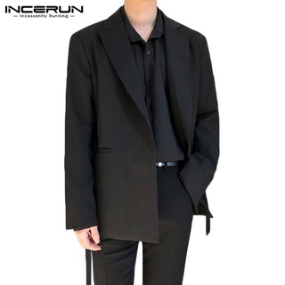 INCERUN男士時尚長袖配腰帶寬鬆休閒黑色西裝外套