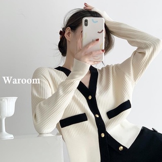 Waroom|現貨 秋冬韓國小香風針織毛衣外套|女裝|針織開衫|撞色|針織外套|開扣上衣|長袖上衣|毛線衣 8173