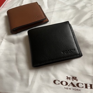 現貨出清🍒COACH 素面全皮革壓印LOGO短夾 皮夾黑色 咖啡色/附證件夾美國代購正品 男士生日禮物男友送禮