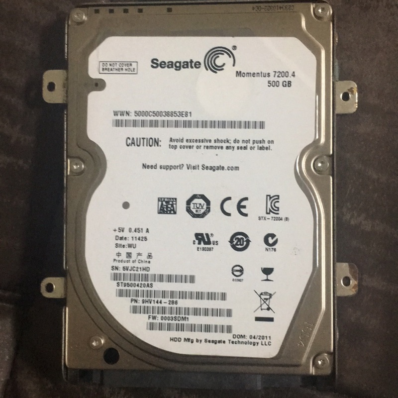 Seagate二手硬碟2.5吋500GB，保證測試良品，只賣600元