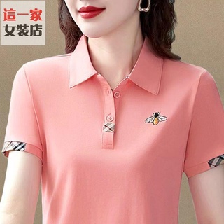 polo衫 翻領短袖 上衣 100%品質媽媽翻領短袖 短袖t恤女夏季 修身 好穿 polo中人運動時尚繡花上衣熱賣款