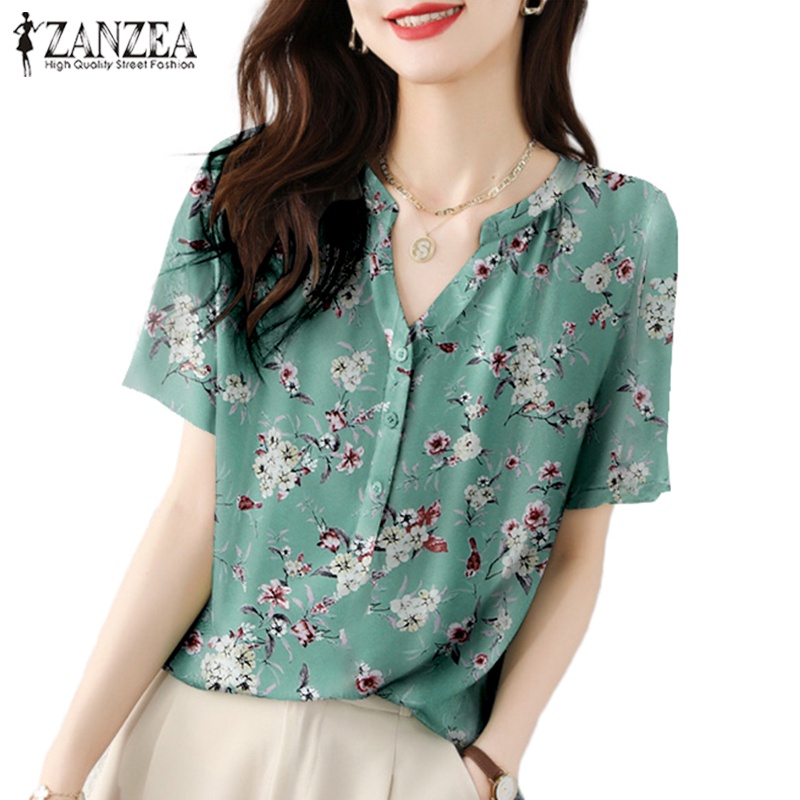 Zanzea 女士韓版時尚風格 V 領短袖鈕扣花卉圖案休閒襯衫
