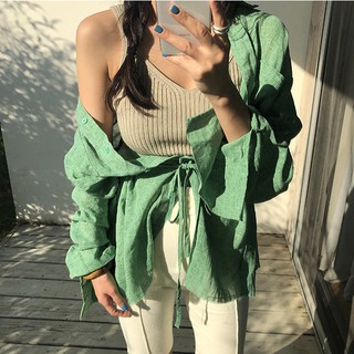 特價*杏綠現貨秒出售完不再♥實拍【JinG】側開岔縮腰綁帶襯衫 寬版襯衫 長袖上衣 一字領 斜肩 立領罩衫 防曬外套