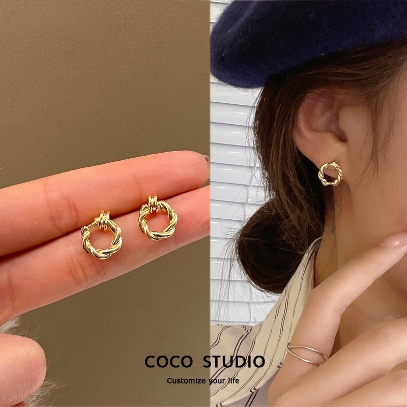 COCO STUDIO S925銀針簡約小巧麻花圓圈耳環女時尚迷你耳環氣質短版耳飾品