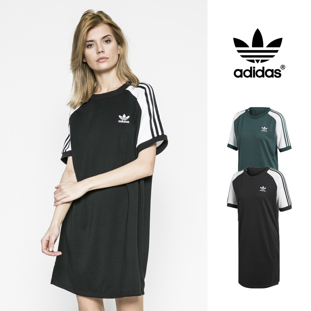 Adidas Originals 黑/綠 洋裝 女款 運動 休閒 棉質 短袖 長版 連身裙 三葉草 三條線 CE4963