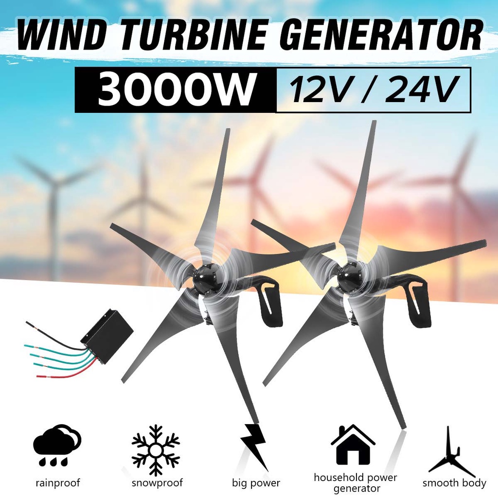 12v/24v 3000W 風力渦輪發電機低噪音高效帶控制器 5 葉片小型風力渦輪機家用
