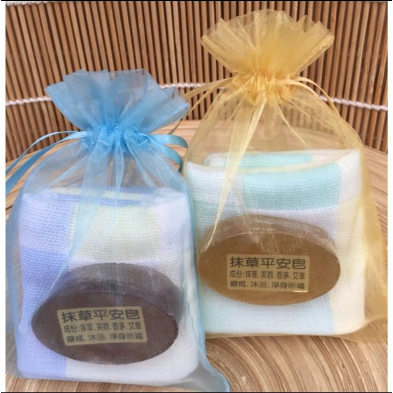 方格棉麻紗手帕+抹草平安皂+素色雪紗網袋~告別式回禮禮儀用品廟會贈品答客禮喪事毛巾回客禮送客禮