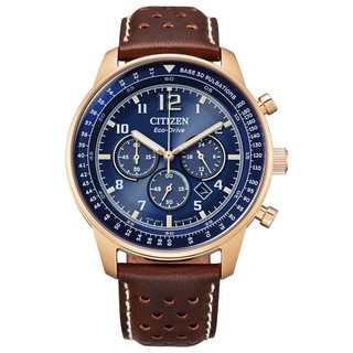 CITIZEN 星辰錶 光動能紳士休閒三眼計時腕錶-真皮錶帶x藍(CA4503-18L)44mm