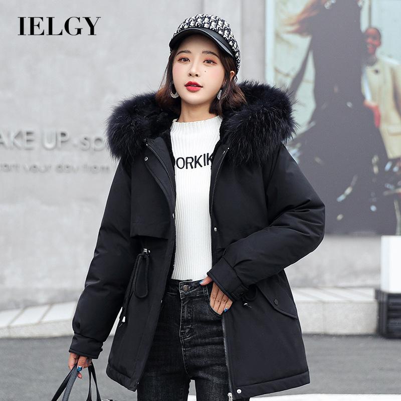 IELGY 羽絨棉服女中長款新款派克服韓版大毛領工裝外套