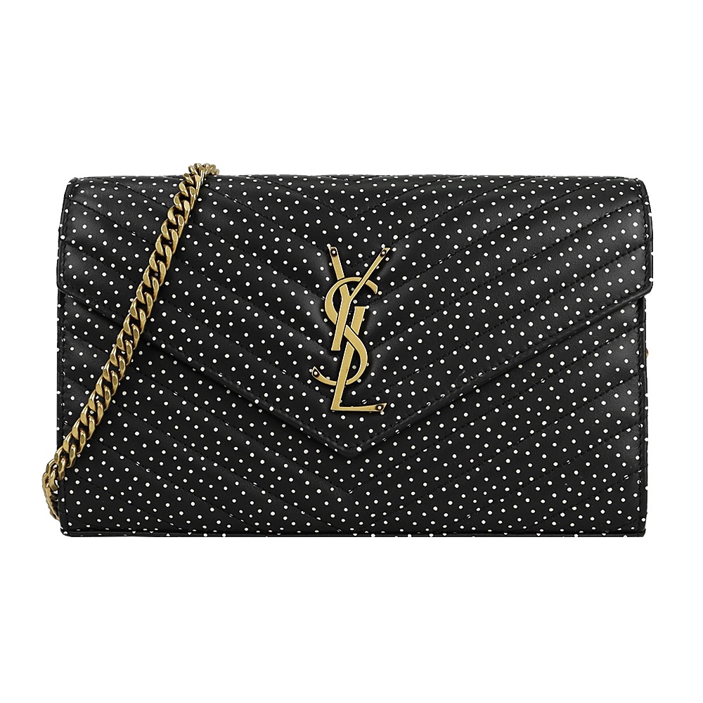 YSL SAINT LAURENT ENVELOPE V字縫線牛皮波點金鍊斜肩手拿包(黑x金)｜JS Maxx官方旗艦館