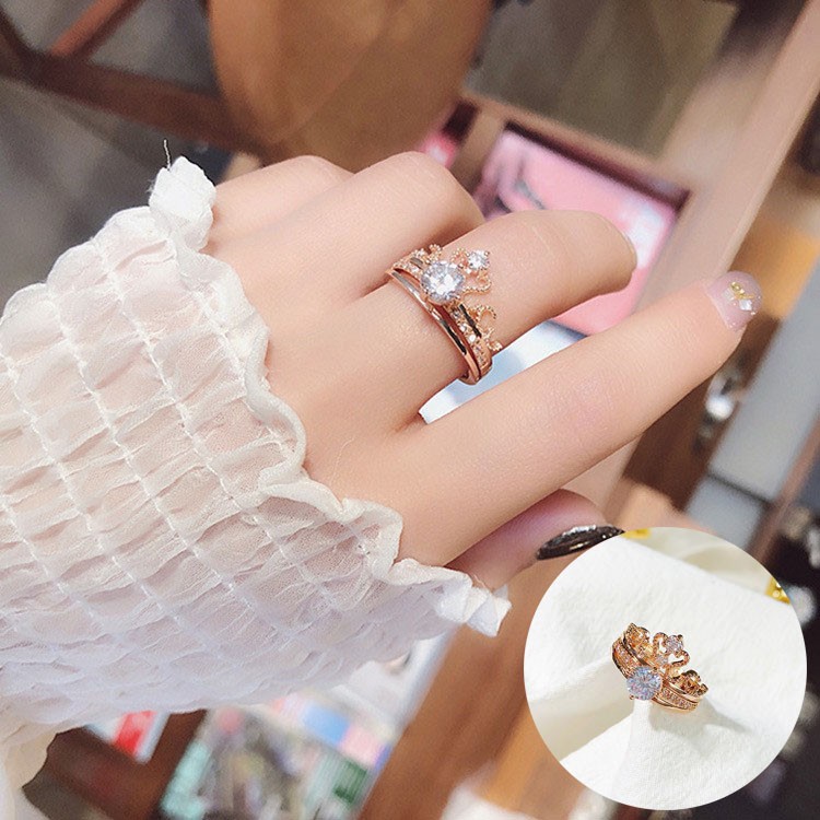 Wiki 情人節配件 食指指環雙層女韓國鑲鑽開口簡約個性氣質套戒兩件套美少女皇冠戒指 蝦皮購物