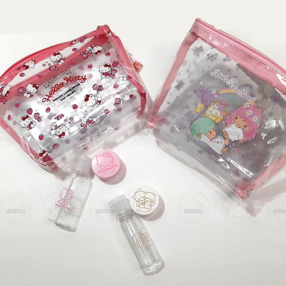 三麗鷗正版 透明收納包 旅行組 化妝包 萬用包 HELLO KITTY 凱蒂貓 雙子星 雙星仙子 透明附分裝瓶 分裝罐