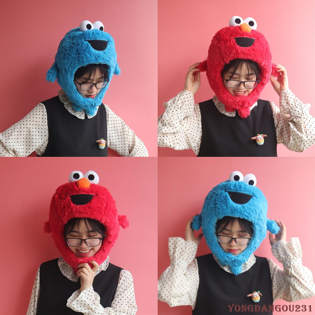 桃a少女心日韓ins少女心搞怪可愛卡通軟萌芝麻街毛絨頭套帽子百搭拍照道具 蝦皮購物